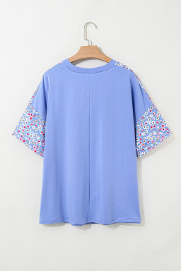 Sky Blue Floral Patchwork Chest Pocket Plus Size T Shirt