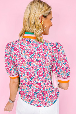 Pink Floral Print Striped Trim Puff Sleeve Blouse