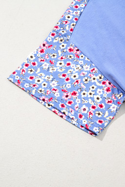 Sky Blue Floral Patchwork Chest Pocket Plus Size T Shirt