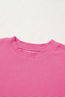Bright Pink Plain Corded Mock Neck T Shirt