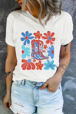 White Floral Cowgirl Boots Print T Shirt