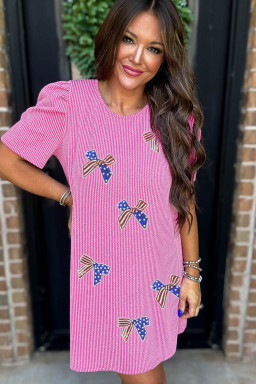 Bright Pink USA Flag Sequin Bow Puff Sleeve Mini Dress