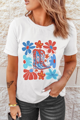 White Floral Cowgirl Boots Print T Shirt