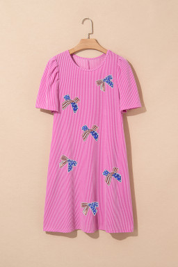 Bright Pink USA Flag Sequin Bow Puff Sleeve Mini Dress