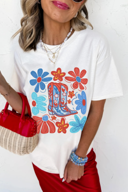 White Floral Cowgirl Boots Print T Shirt