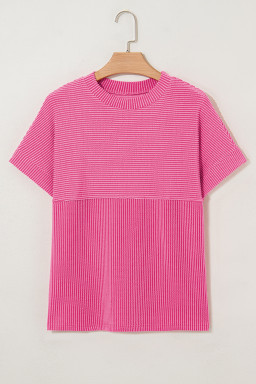 Bright Pink Plain Corded Mock Neck T Shirt