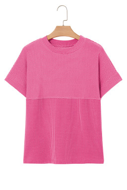 Bright Pink Plain Corded Mock Neck T Shirt