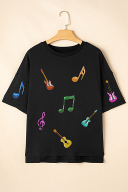 Black Guitar Music Notes Patched Graphic Oversize Tee