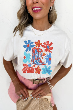 White Floral Cowgirl Boots Print T Shirt
