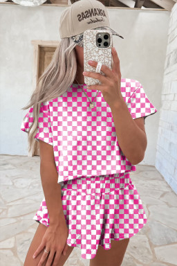 Pink Checkerboard T Shirt and High Waist Skorts Set