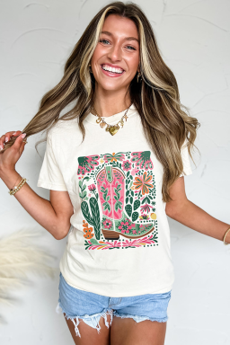 White Boots Flower Heat Transfer Printing Crew Neck Graphic Loose Tee