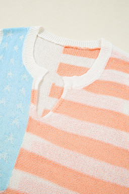 Beige USA Flag Notched Neckline Loose Knit Vest