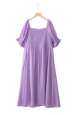 Wisteria Swiss Dot Smocked Frill Square Neck Plus Size Dress