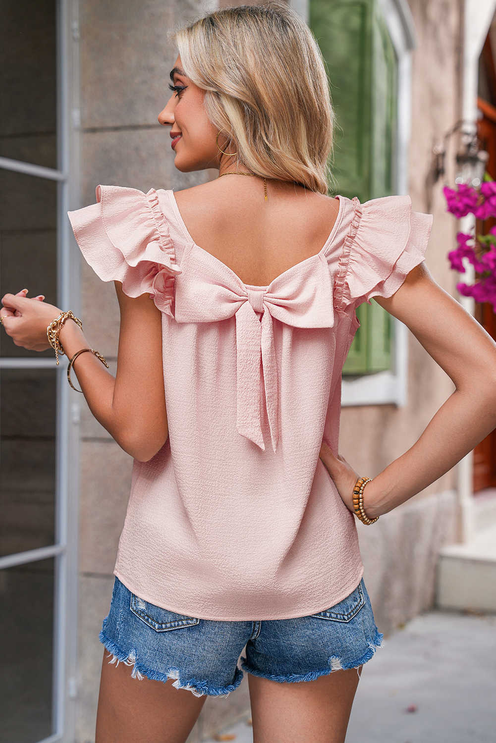 Gossamer Pink Textured Bow Frilled Ruffle Sleeve Blouse
