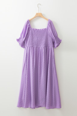 Wisteria Swiss Dot Smocked Frill Square Neck Plus Size Dress