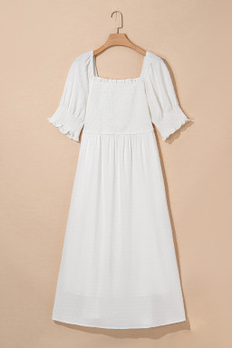 White Swiss Dot Smocked Frill Square Neck Plus Size Dress