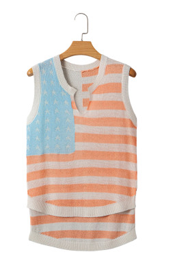 Beige USA Flag Notched Neckline Loose Knit Vest