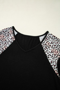 Black Leopard Ruffle Patchwork Sleeve Plus Size Summer Top