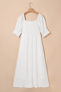 White Swiss Dot Smocked Frill Square Neck Plus Size Dress