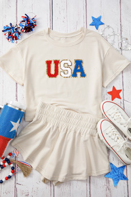 Beige USA Chenille Sequins Patch T Shirt and High Waist Skort Set