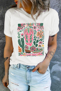 White Boots Flower Heat Transfer Printing Crew Neck Graphic Loose Tee