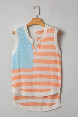 Beige USA Flag Notched Neckline Loose Knit Vest