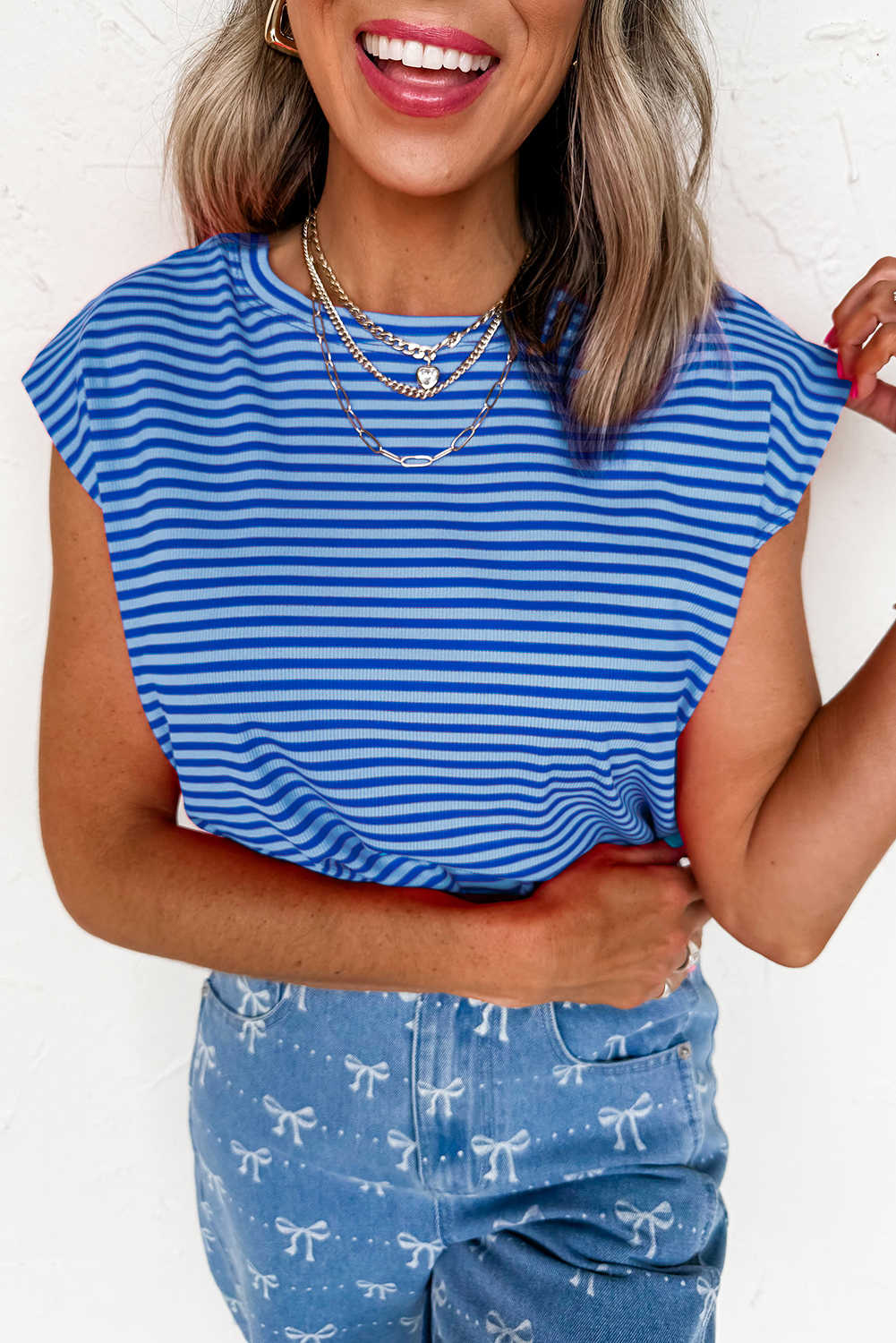 Sky Blue Stripe Ribbed Cap Sleeve Round Neck T Shirt
