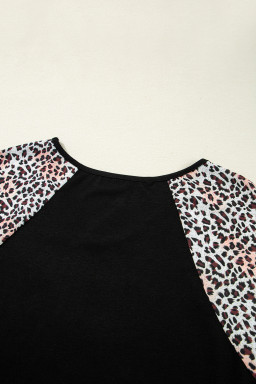 Black Leopard Ruffle Patchwork Sleeve Plus Size Summer Top