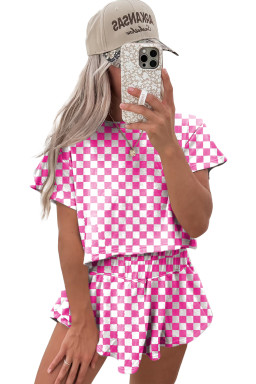Pink Checkerboard T Shirt and High Waist Skorts Set