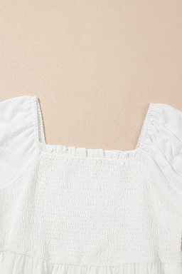 White Swiss Dot Smocked Frill Square Neck Plus Size Dress