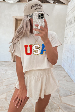 Beige USA Chenille Sequins Patch T Shirt and High Waist Skort Set