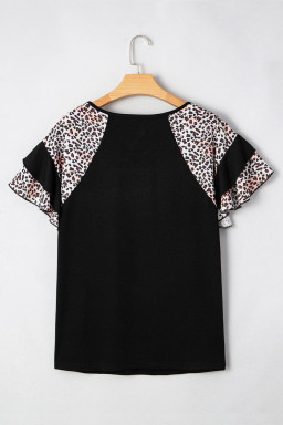 Black Leopard Ruffle Patchwork Sleeve Plus Size Summer Top