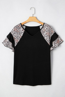 Black Leopard Ruffle Patchwork Sleeve Plus Size Summer Top