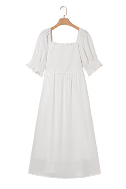 White Swiss Dot Smocked Frill Square Neck Plus Size Dress