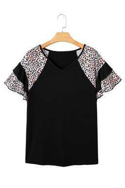 Black Leopard Ruffle Patchwork Sleeve Plus Size Summer Top