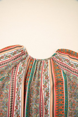 Red Bohemian Floral Print Buttoned V Neck Ruffle Tiered Dress