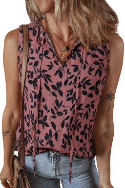 Brown Floral Print Tie Neck Sleeveless Top