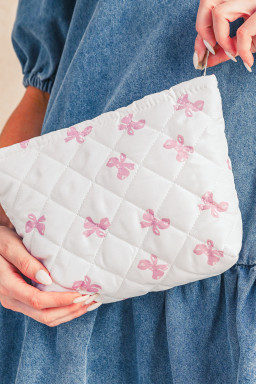 White Bow Knot Print Zipper Quilted Large Cosmetic Bag