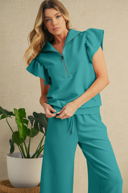 Lapis Textured Ruffle Sleeve Zipped Top and Wide Leg Pants Set