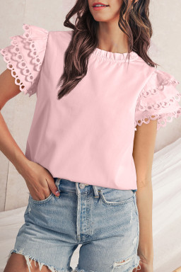 Light Pink Ricrac Layered Cap Sleeve Frill Neck Blouse