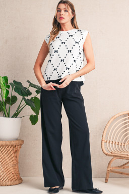 White Bow Pattern Buttoned Side Knit Top