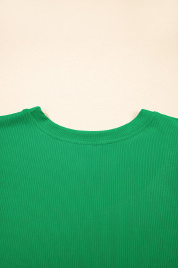 Bright Green Pearl Beaded Puff Sleeve Ribbed Top
