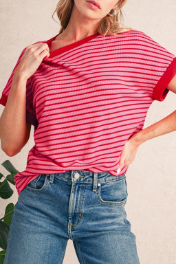 Pink Stripe Knitted Round Neck T Shirt