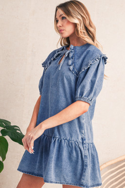 Dusk Blue Ruffle Collar Side Pockets Puff Sleeve Denim Mini Dress