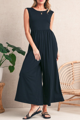 Black Solid Color Open Back Sleeveless Wide Leg Jumpsuit