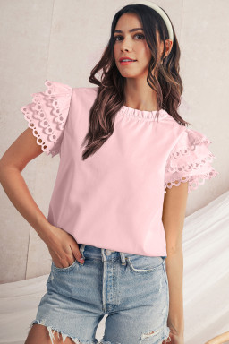Light Pink Ricrac Layered Cap Sleeve Frill Neck Blouse