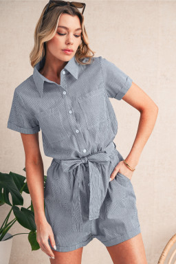 Blue Stripe Chest Pockets Buttoned Belted High Waist Romper