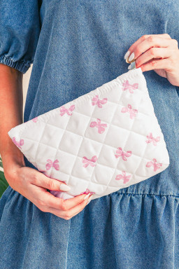 White Bow Knot Print Zipper Quilted Large Cosmetic Bag