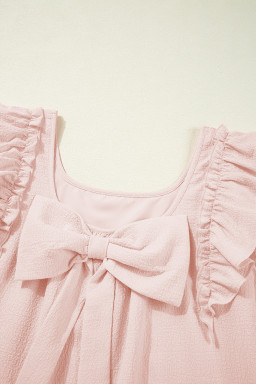 Light Pink Textured Flutter Sleeve Square Neck Bow Back Mini Dress