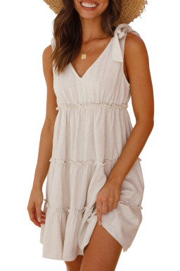 Oatmeal Solid Color Tie Strap Ruffle Tiered Mini Dress